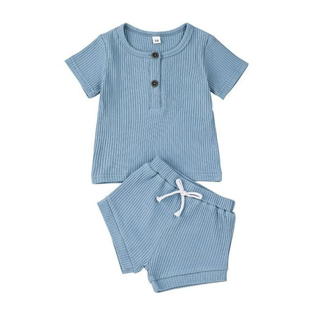 

Baby Boys Girls Summer Outfits Cotton Ribbed Knitted Short Sleeve T-shirts Tops+Shorts 2Pcs Kids Tracksuits 0-2T