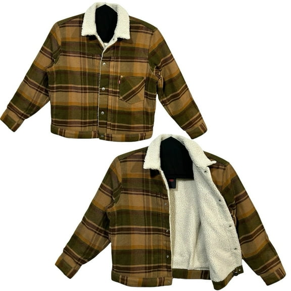 Levis Men's Plaid Sherpa Trucker Jacket Size XL Brown Green Lined Classic Style