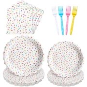 96 Pcs Donut Plates and Napkins Party Supplies Include Sprinkles Paper Plates, 2 Ply Cocktail Napkins, Plastic Forks Disposable Tableware for Baby Shower Birthday Party for 24 Guest (Scalloped)