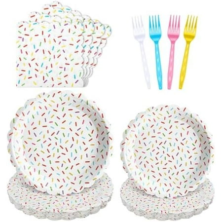 96 Pcs Donut Plates and Napkins Party Supplies Include Sprinkles Paper Plates, 2 Ply Cocktail Napkins, Plastic Forks Disposable Tableware for Baby Shower Birthday Party for 24 Guest (Scalloped)