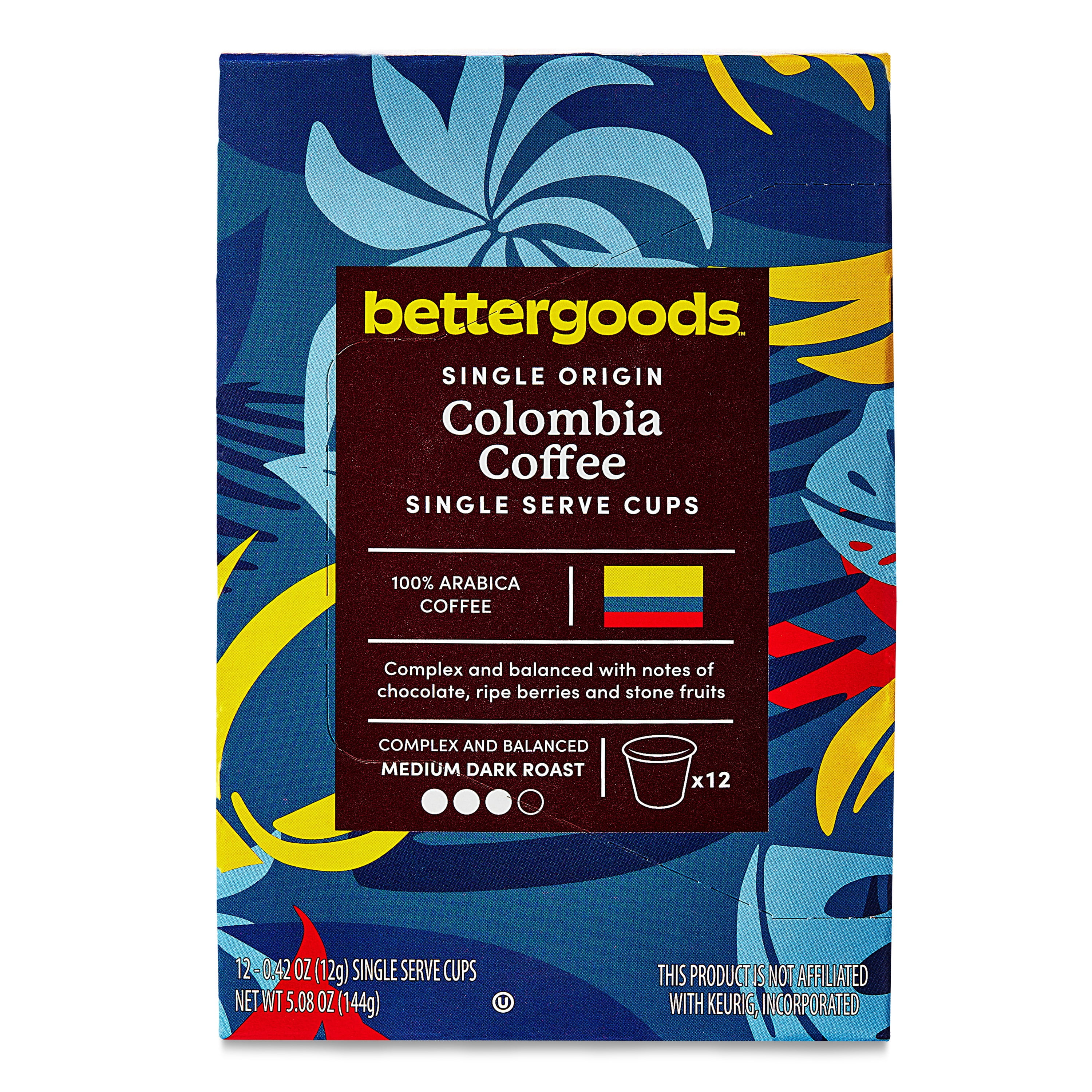 (3 pack) bettergoods Single Origin Colombia Coffee, Medium Dark Roast, Single Serve Cups, 0.42 oz, 12 Count
