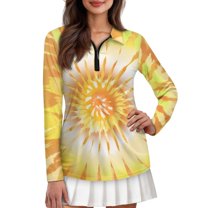 Yuyamidu Orange Yellow Long Sleeve Golf Shirts for Woman Whilpool Tie Dye Athletic Tennis Shirts Trendy Quarter Zip Workout Shirts Size XS