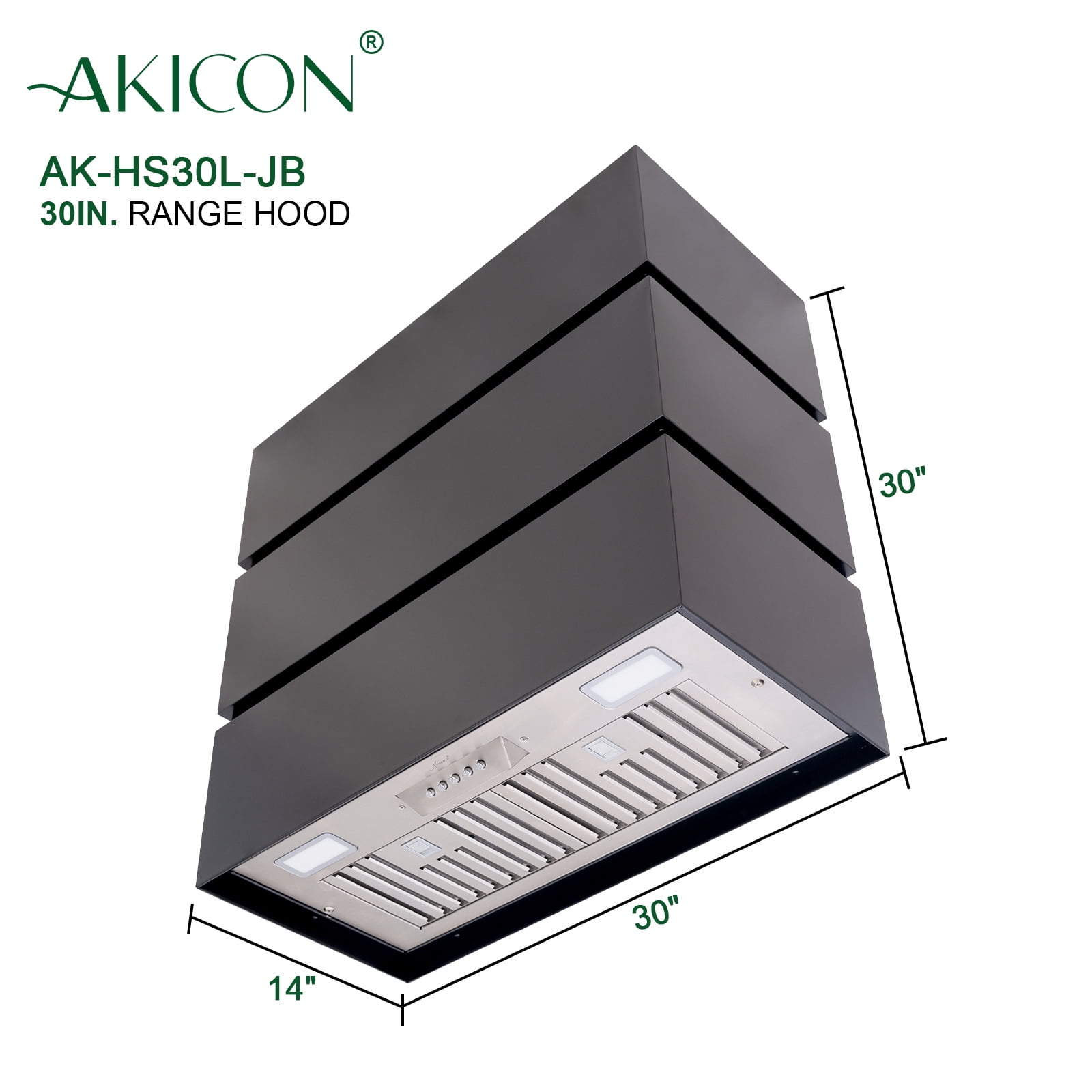 Akicon 30" Stainless Steel Range Hood, 3 Stacks Modern Box Ducted Kitchen Hood with Powerful Vent Motor, Wall Mount, 30"W*30"H*14"D, Jet Black