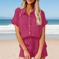 thumbnail image 2 of Two Piece Shorts for Womens Cotton Linen Sets Fashion Summer Outfits Lounge Wear Matching Set Collared Short Sleeve Button Down Shirts Tops and Drawstring Short Pant Beach Vacation Tracksuits, 2 of 6
