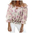 thumbnail image 1 of Tiweut Blouses Femmes Hauts Épaules Dénudées Imprimé Boho à Volants Manches 3/4 Col Rond T-Shirts Femme Beige, 1 of 8