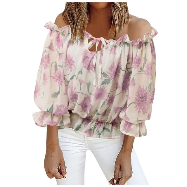 Tiweut Blouses Women Tops Off the Shoulder Boho Print Ruffled 3/4 Sleeve Round Neck Lady Tees Beige