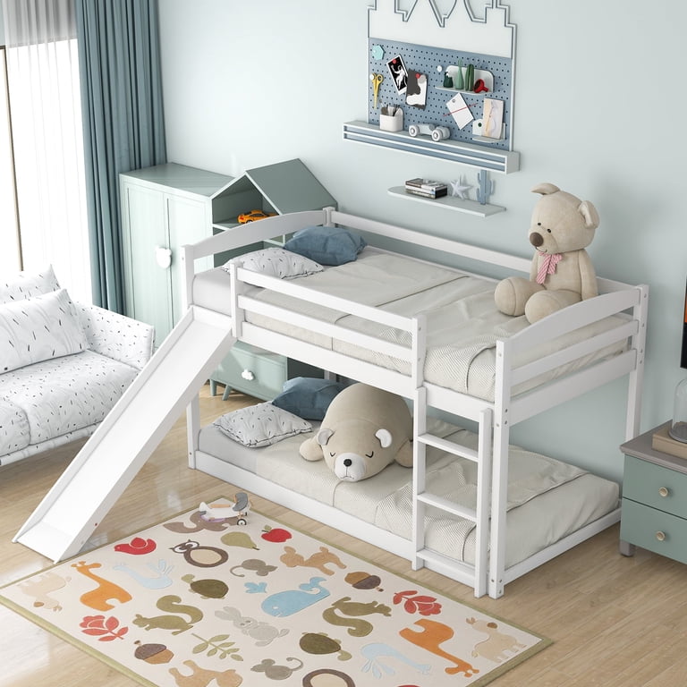 Euroco Solid Wood Twin Over Twin Bunk Bed with Slide, White photo 3