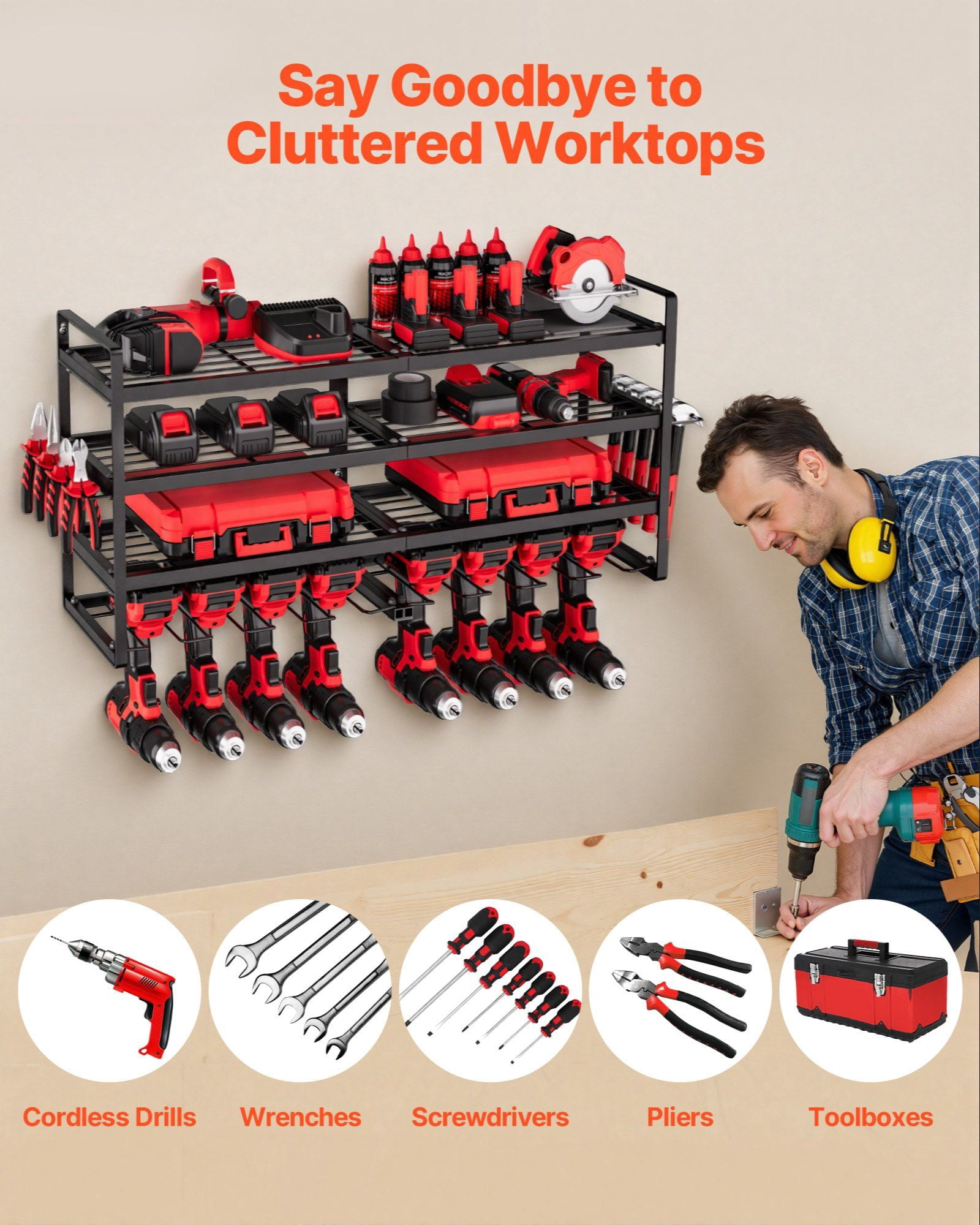Wall Mount Power Tool Organizer 4 Layer Storage Rack with 8 Drill Holders and Screwdriver Holder for Garage Workbench Workshop