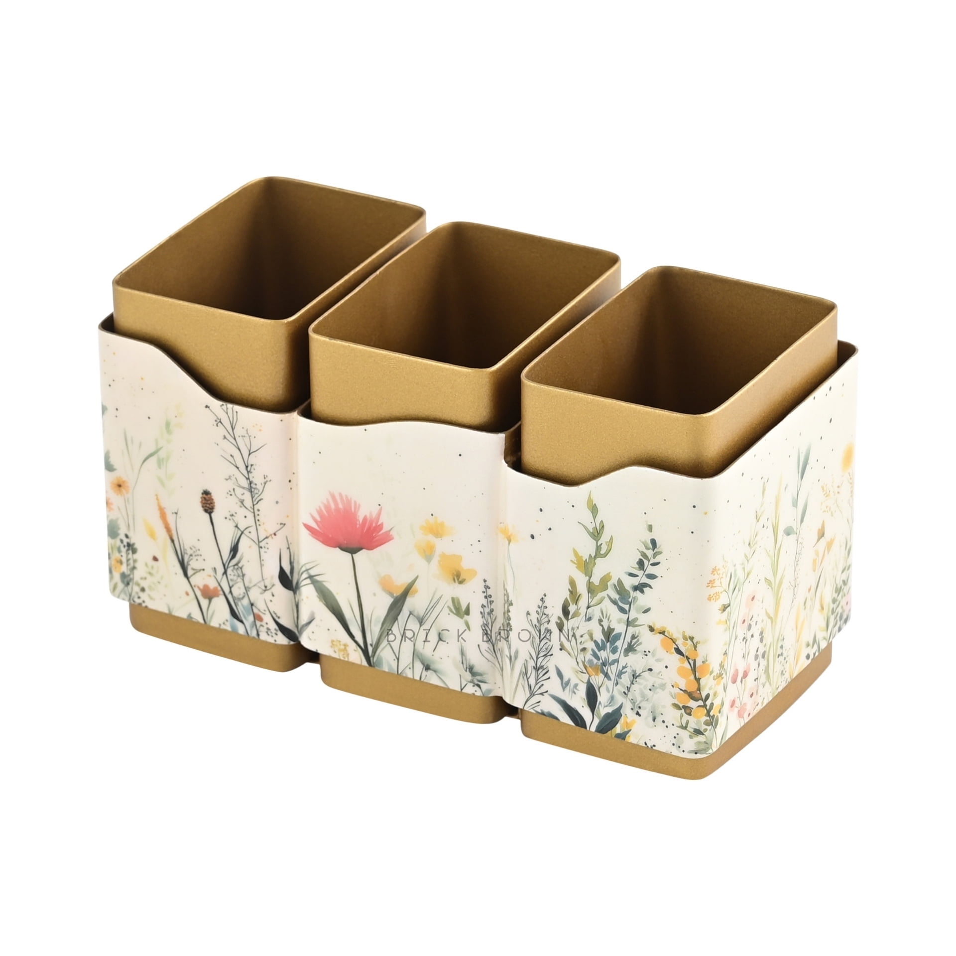 Brick Brown® Premium Metal Triflora Cutlery Holder – Spoon Stand for Kitchen | Spoon Holder for Dining Table | Wooden Caddy Storage Organizer | Stand Caddy Holder for Kitchen Utensils (6.3x8x9.5in)