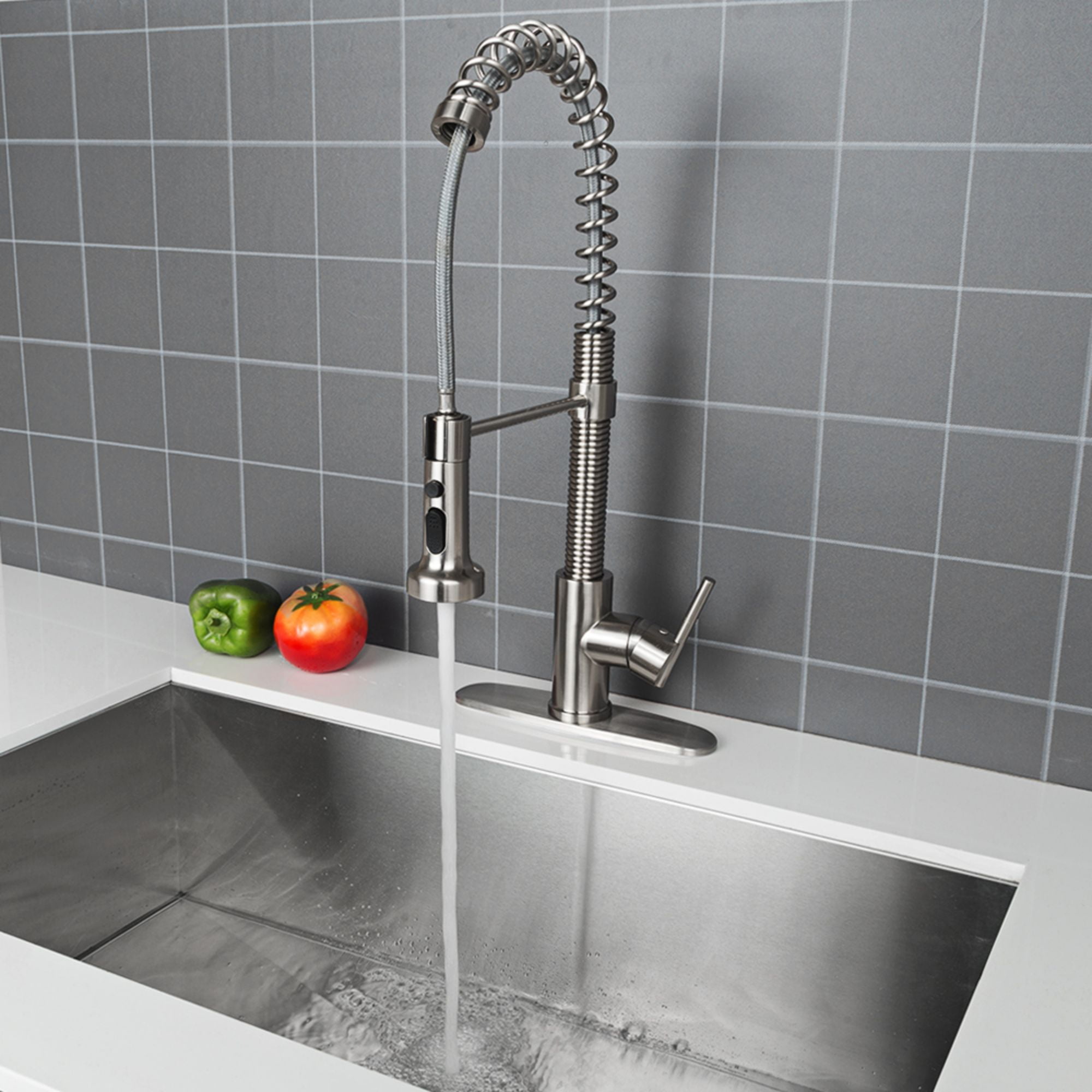 Logmey Kitchen Faucet with Pull Down Sprayer, Brushed Nickel Commercial Spring Kitchen Sink Faucet Single Handle Pull Out Sink Faucets with Deck Plate Suit to 1 or 3 Holes