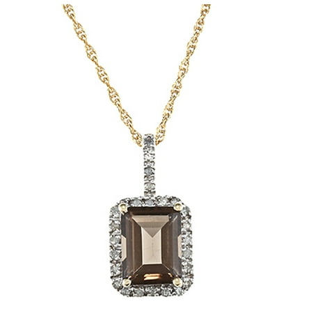 - 10k Yellow Gold Emerald-Cut Smoky Quartz and Diamond Halo Pendant Necklace