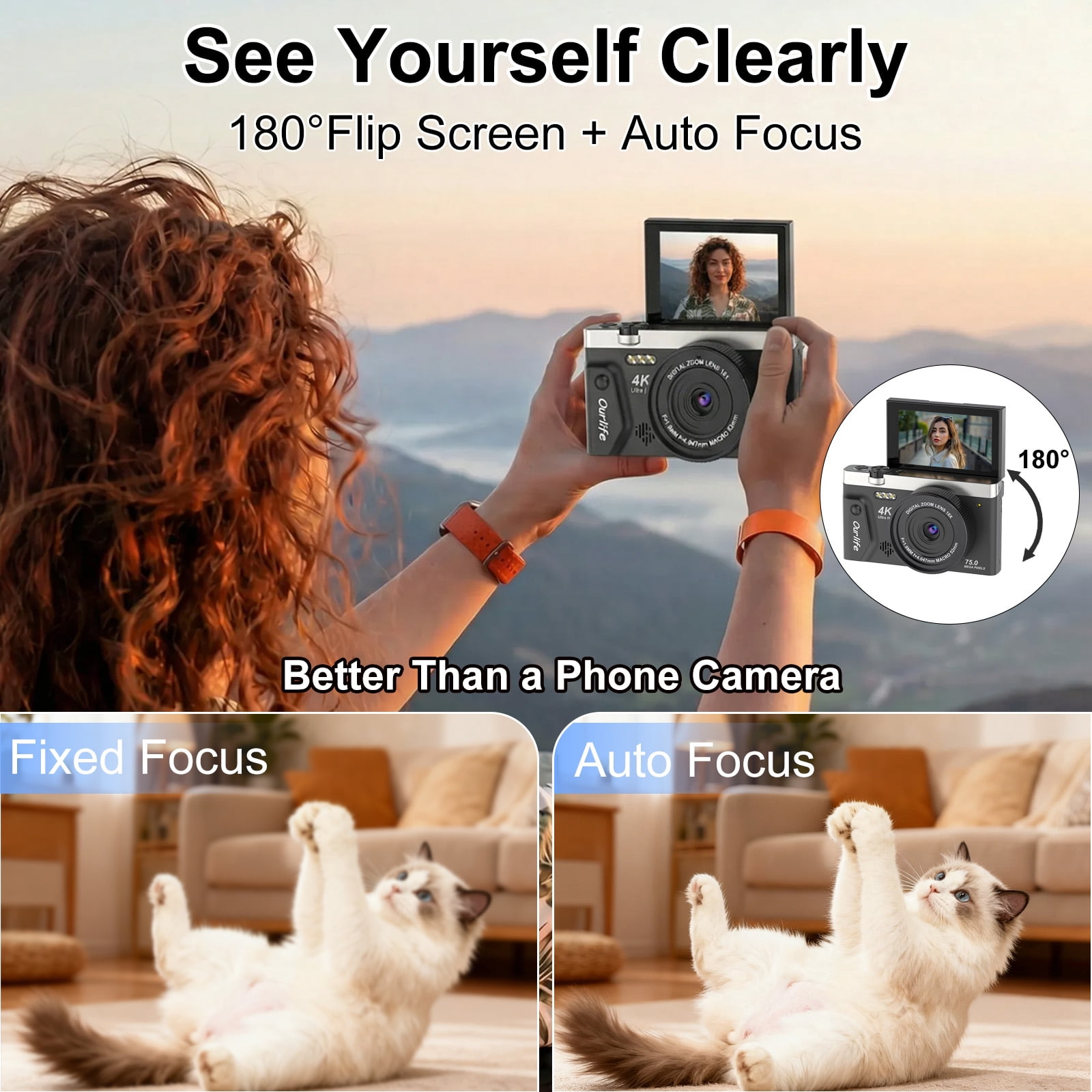 Ourlife 4K 75MP Digital Camera for Photography Autofocus Vlogging Camera with 18X Zoom, 3" Flip Screen,Black