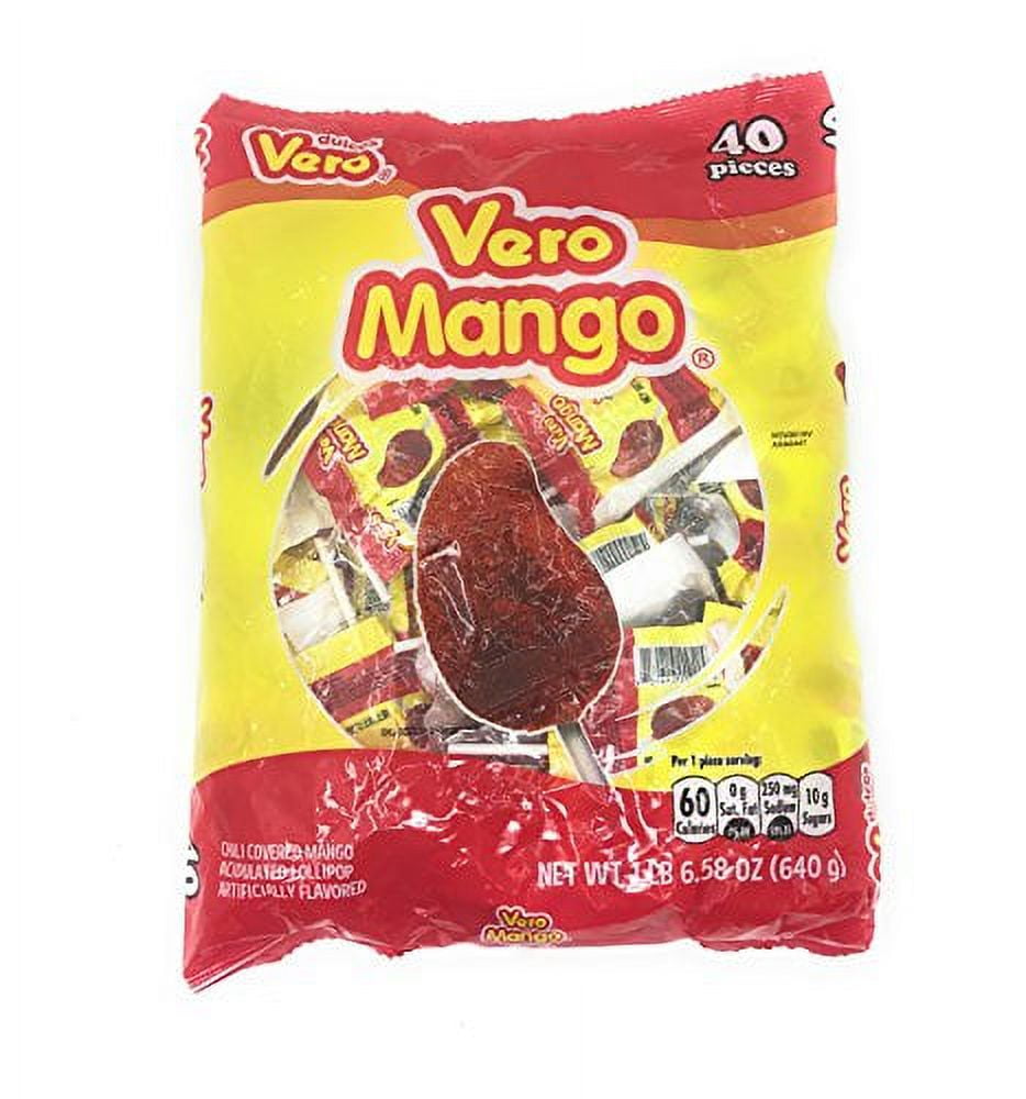 Vero Mango Lollipops Coated .. .. with Chili Powder, .. Hot .. and Sweet .. Candy Treat, .. Artificially .. Flavored, Net Wt. .. .. 1.39 Pound, 40 Count .. .. Bag