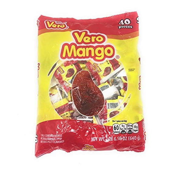 Vero Mango Lollipops Coated .. .. with Chili Powder, .. Hot .. and Sweet .. Candy Treat, .. Artificially .. Flavored, Net Wt. .. .. 1.39 Pound, 40 Count .. .. Bag
