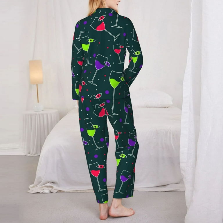 Pajamas for Women Set wine glass pattern Comfy Long Sleeve Button Up Pajama Sets for Women 2 Piece Soft Sleepwear Nightwear Pjs Lounge Sets for Women with Pockets Walmart