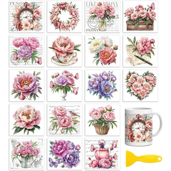 18 Sheets Rub On Transfers for Crafts Peony UV DTF Cup Wrap Waterproof Cold Transfers Stickers for Wood Glass Home Decor 3.6 * 3.9inch