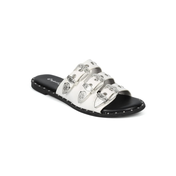 New Women Leatherette Open Toe Triple Buckle Flat Sandal - 17965