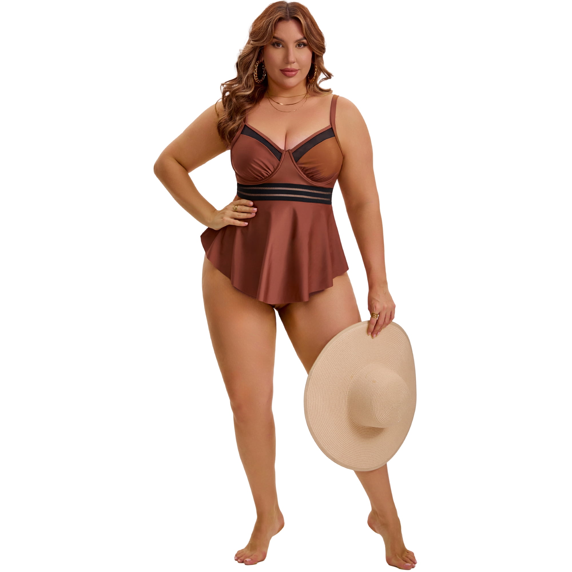 DARING DIVA Women's Plus 2pcs Swimsuit Tankini and Shorts Tummy Control L Coffee