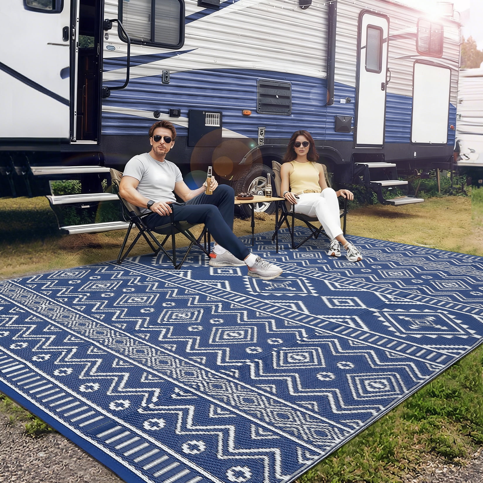Garvee Outdoor Area Rug 8'x10' Waterproof Outdoor Carpet, Boho Plastic Straw Rug RV Mat for Picnic, Deck, Balcony, Beach, Patio, Dark Blue and White