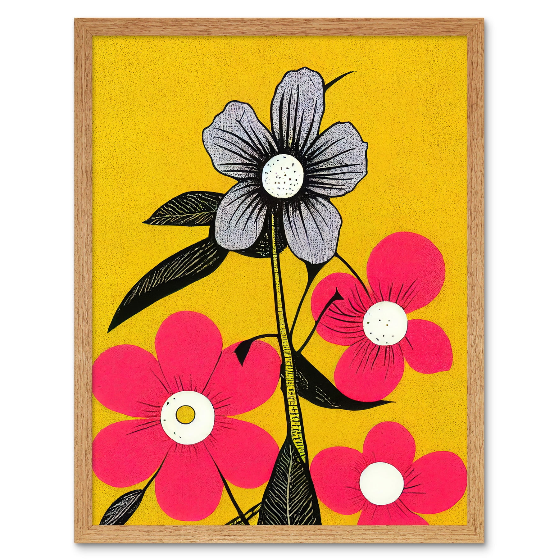 Bold Flowers Linocut Pink and Mustard Yellow Print Art Print Framed ...