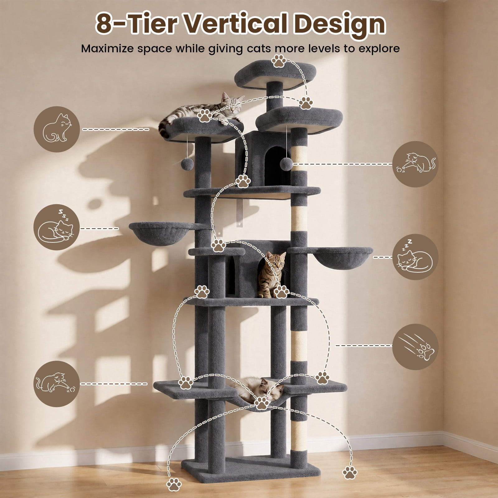 80" Cat Tree Tower, Big Cat Tower for Multiple Adult Cats, Multi-Level Tall Cat Tree with 3 Platforms, 2 Condos, 2 Hanging Basket, Hammock and Scratching Frame for Indoor Kitties, Dark Grey