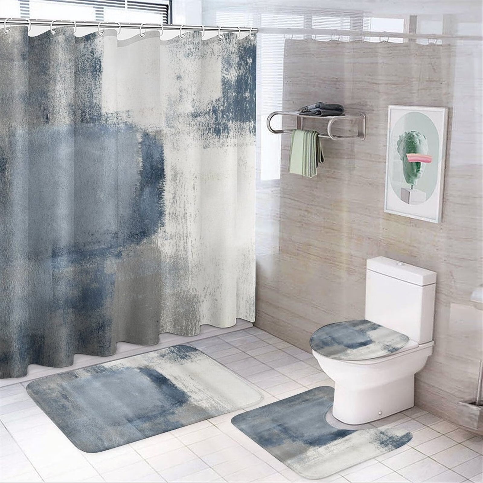 Watercolor Art Blue Shower Curtain Sets with NonSlip Rugs,Toilet Lid