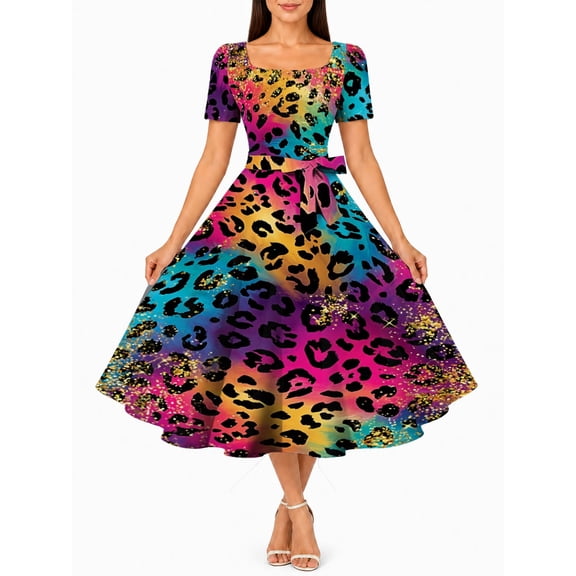 Women'S Rainbow Leopard Print Print Square Neck Dress Short Sleeve Tie Waist A-Line Midi Swing Dress