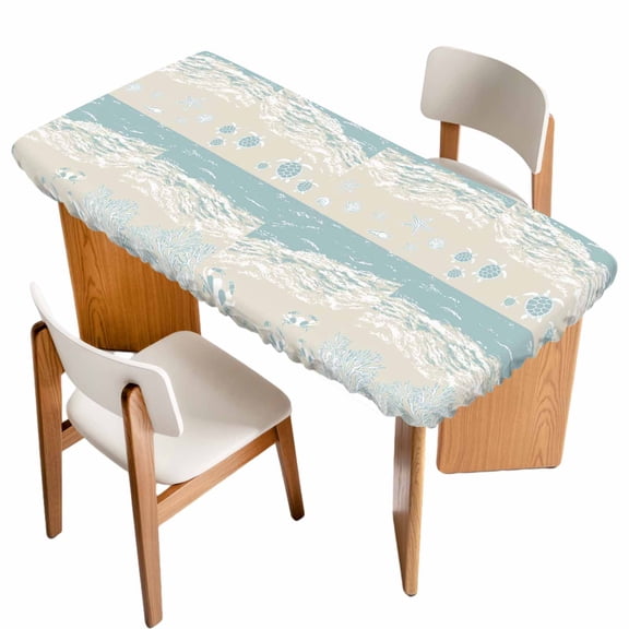 Summer Beach Table Cloths for 6 Foot Rectangle Tables, Ocean Coastal Crabs Sea Turtles Corals Starfish Patio Waterproof Elastic Fitted Tablecloths, Washable Rectangular Table Cover for Camping