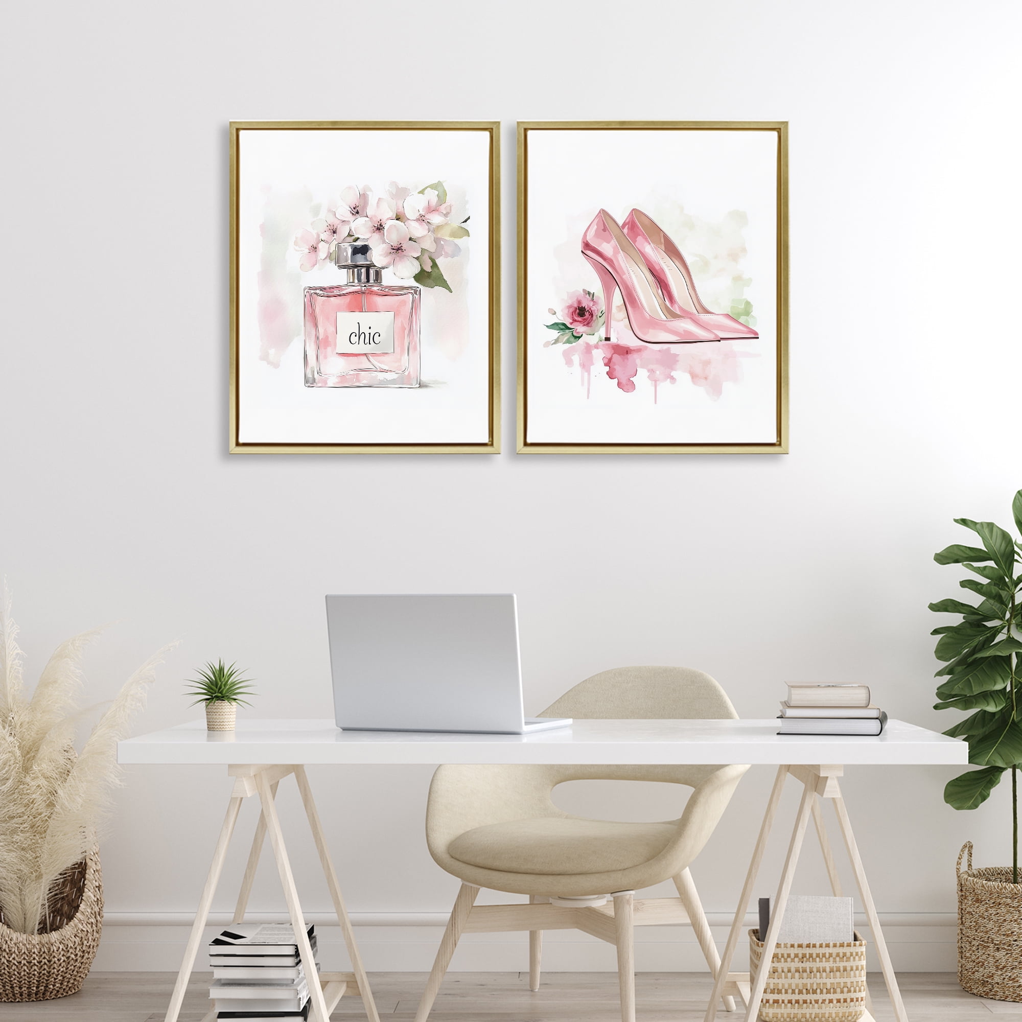 Rosy Pastel Perfume & Heels 2 Piece Gold Framed Floater Canvas Set, design by Christine Simpson Art