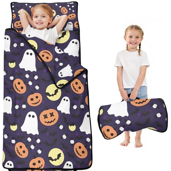 Halloween Ghost & Pumpkin Pattern Toddler Nap Mats for Kids Preschool,50"x20" Sleeping Mat Bag or Kids,Toddler Sleeping Bag,Toddler Nap Mat or Daycare