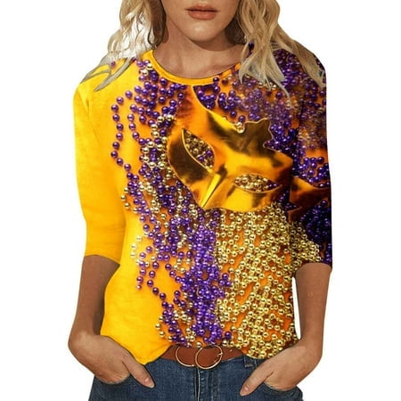 PMUYBHF Mode Femme Carnaval Imprimé Numérique Décontracté Manches Trois-Quarts Col Rond T-Shirt Haut 8025 m
