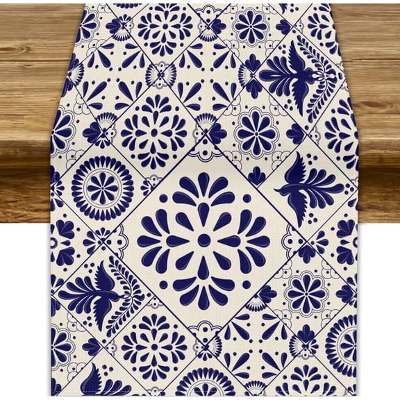 Traditional Mexican Table Runner, Talavera Style Beige Mexican Floral Bird Print Table Runner Holiday Home Picnic Party Dining Room Kitchen Decor, 13x70inch