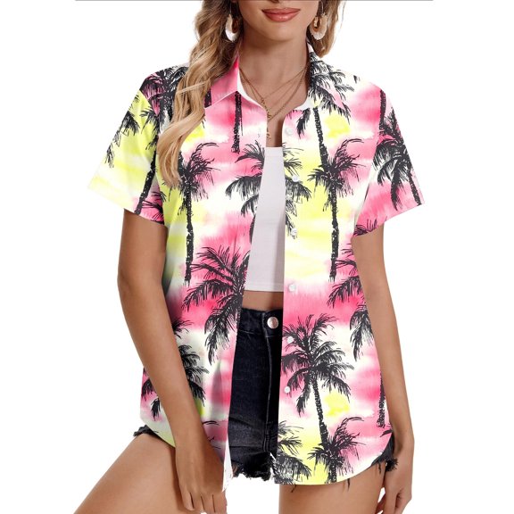 Ayolanni Short Sleeve Summer Shirts for Women Hawaii Tropical Print Button Down V-Neck Blouse Weekend Plus Size Lapel Shirts Summer Tops for Women 2026 Pink L