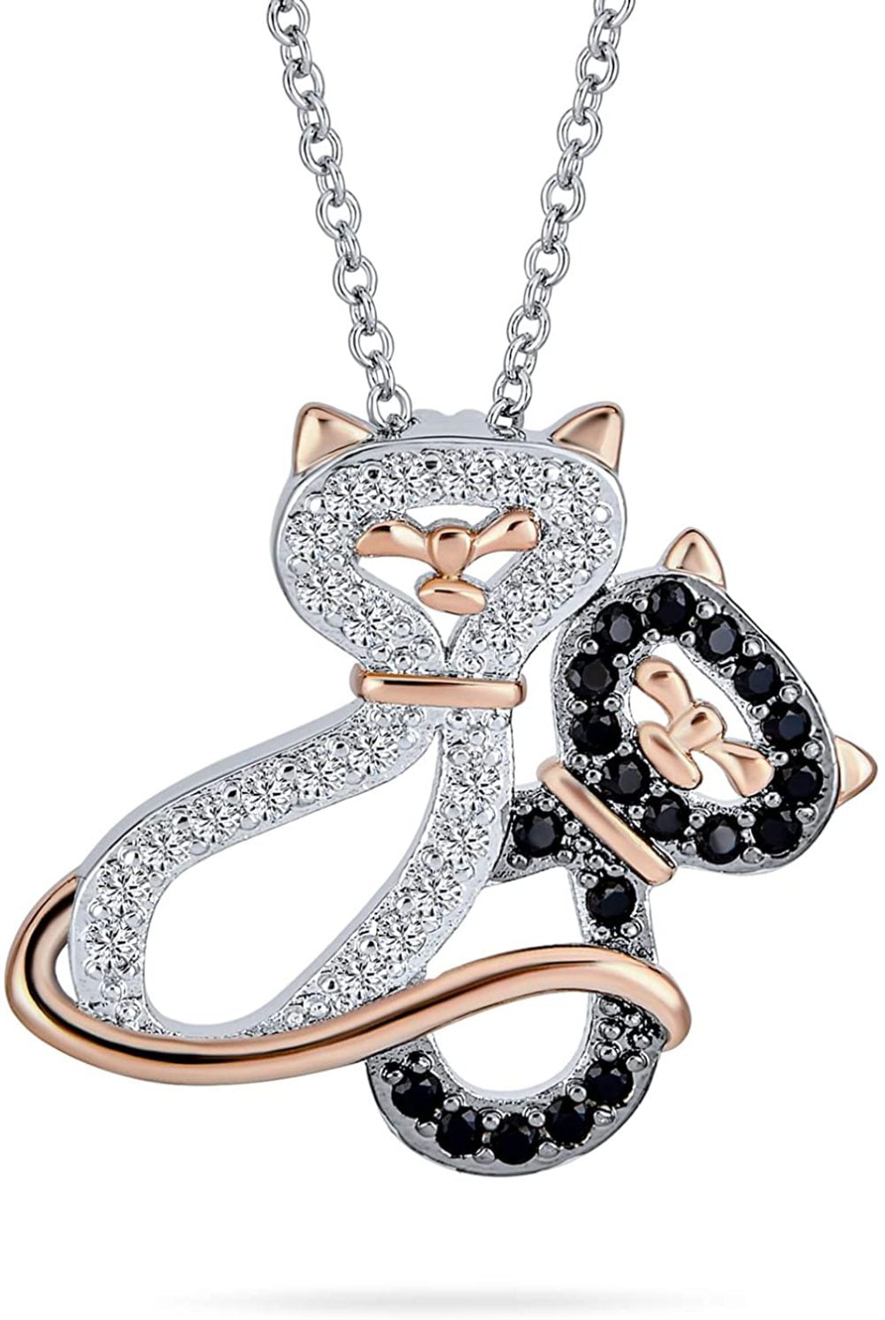925 Sterling Silver Black CZ Cat Pendant Necklace 