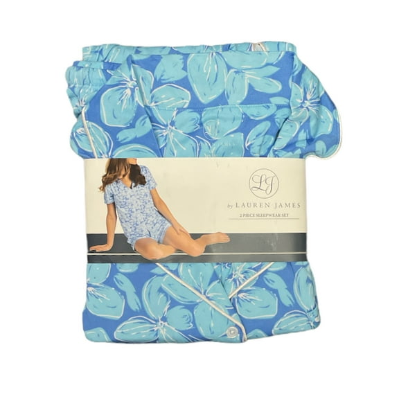 Lauren James Women's Button Down Notch Collar Top & Shorts 2 Pc. Pajama Set (Blue, XXL (20-22))