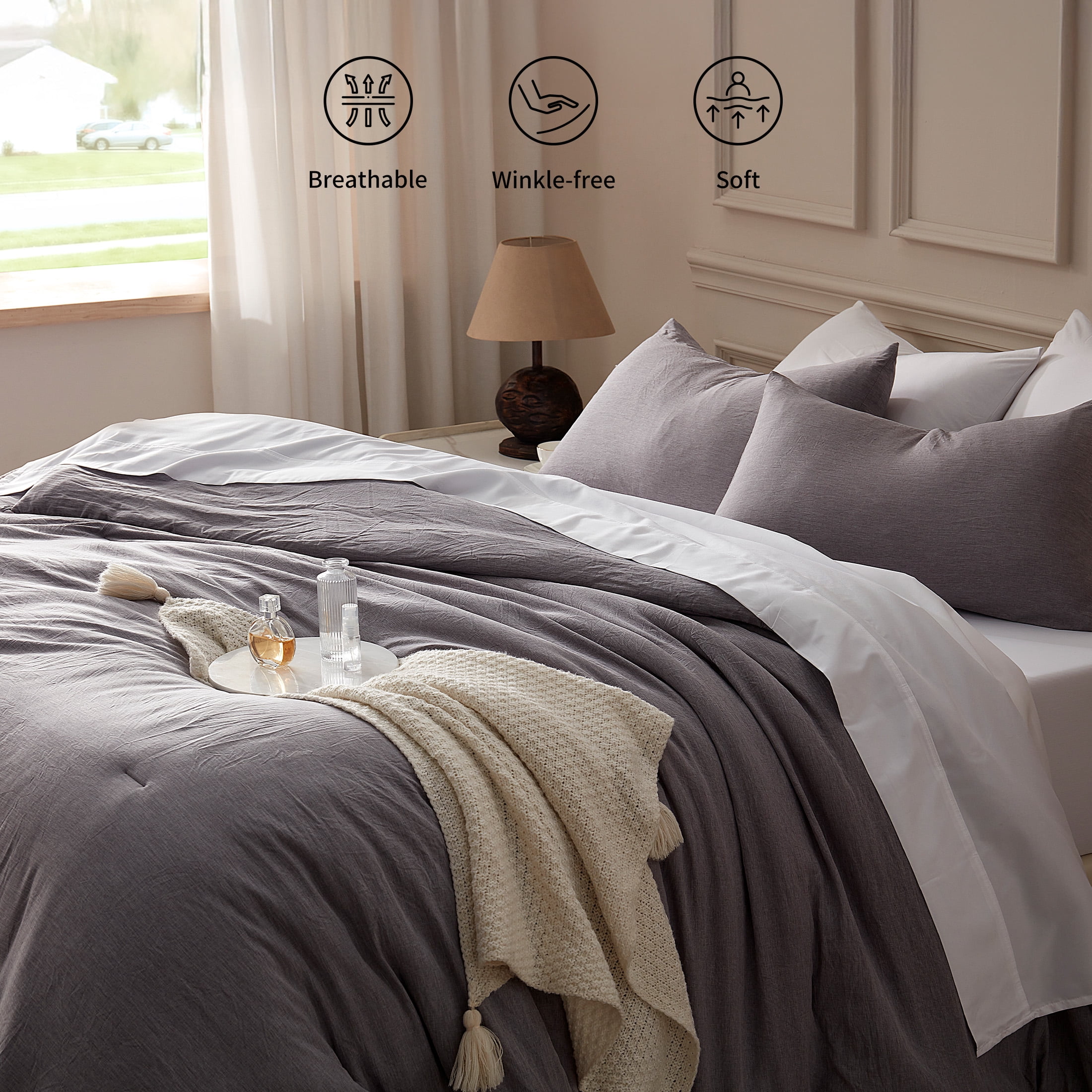 Sonive Washed Comforter Set Twin/Twin-XL Size - 2 Pieces Soft Luxury Cationic Dyeing Bedding Sets, Linen-Like Texture Breathable Wrinkle Bed Sets, Dark Grey