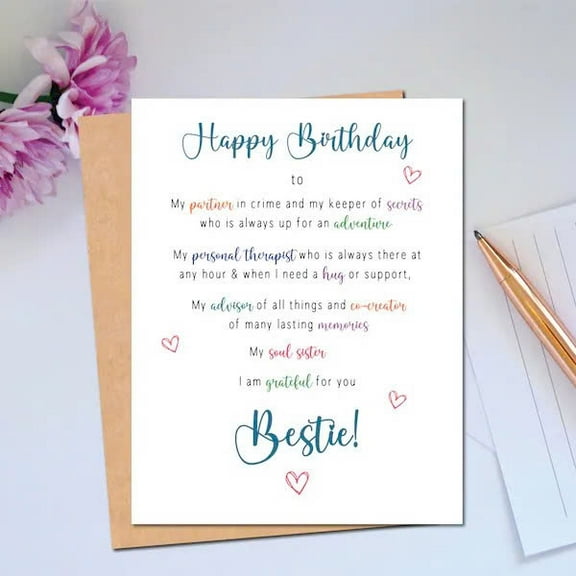 Best Friend Birthday Card – Heartfelt Message for Bestie – Perfect for Celebrating Friendship – Includes Envelope – Ideal for Birthdays and Special Occasions