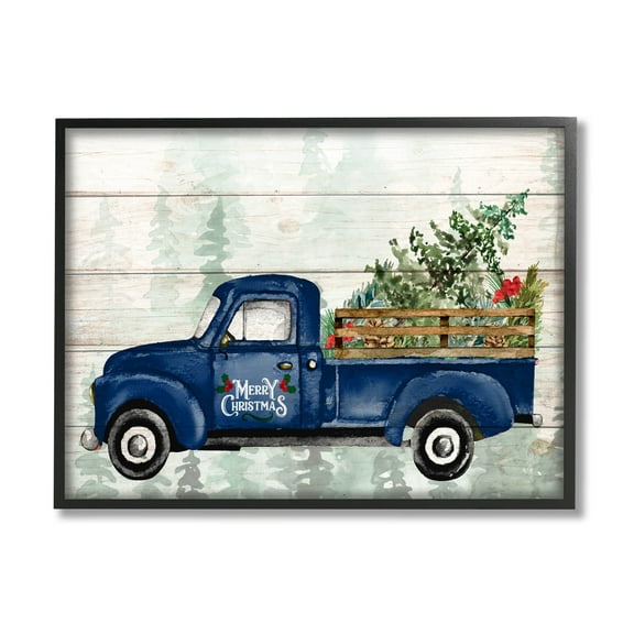 Stupell Industries Merry Christmas Blue Holiday Truck Graphic Art Black Framed Art Print Wall Art, Design by Kim Allen
