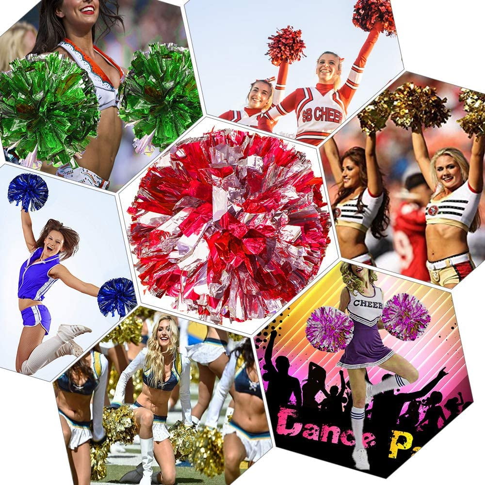 LINLIN 4 Packs Cheerleading Pom Poms with Finger-friendly Ring, Bright Metallic Cheerleader Pompoms, Premium Cheering Squad Hand Flowers for Sports Game Dance Dress Party