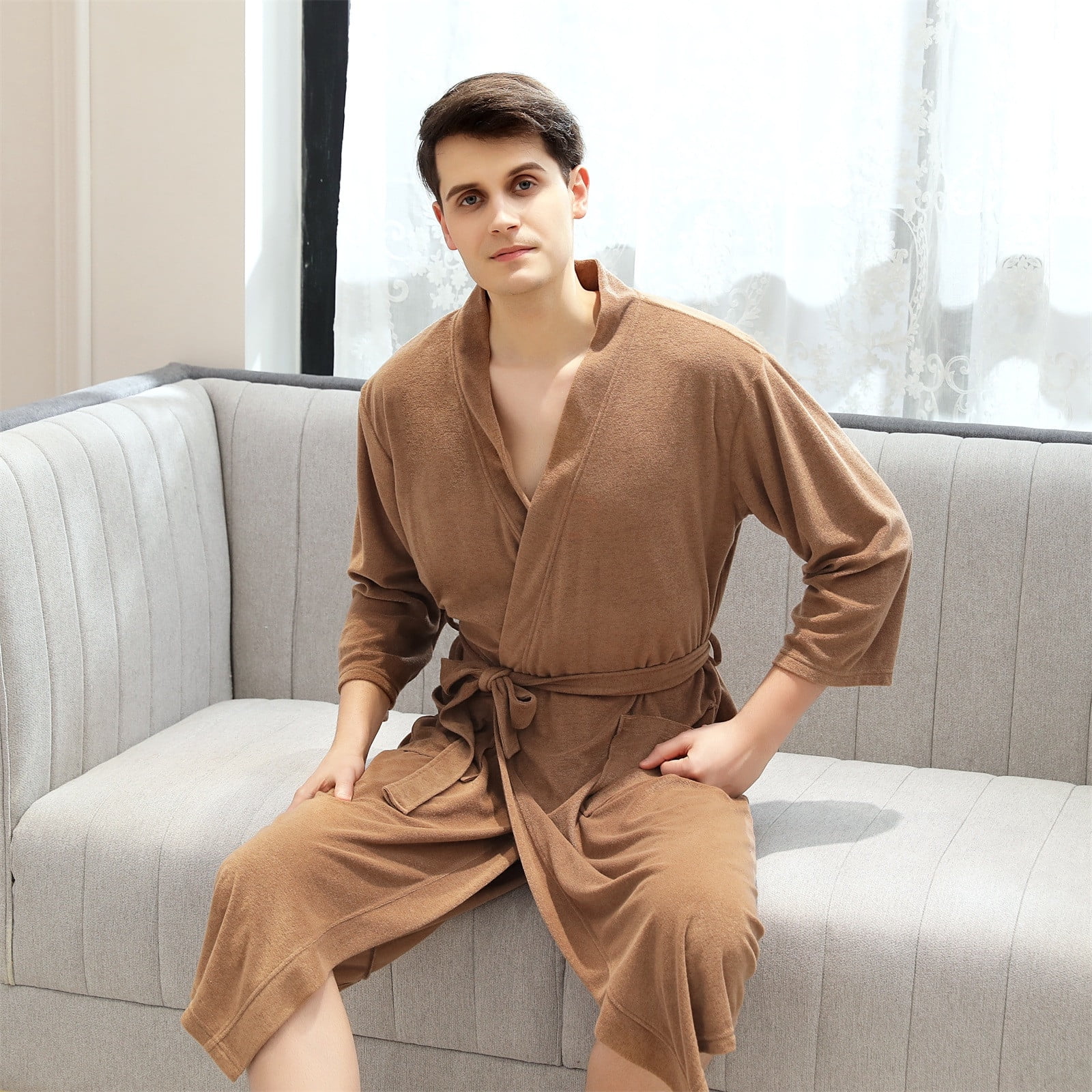 Lus Chic Mens Silk Kimono Robe Hooded Bathrobe Sleeveless Lightweight Sleepwear Pajamas