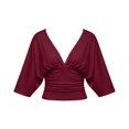 thumbnail image 4 of ClodeEU Women's Deep V Neck Batwing Short Sleeve Ruched Waist Crop Knit Top,Casual Fitted Wrap Front Blouse Wine,Women's Plus S, 4 of 5