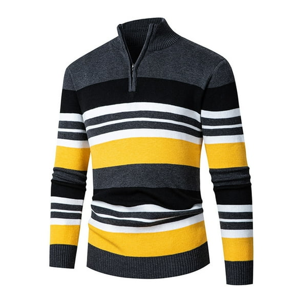 GBSYEWXS Men Pullover Sweaters Long Sleeve Pullover Outwear Striped Print Gentleman Grey Collared Sweater