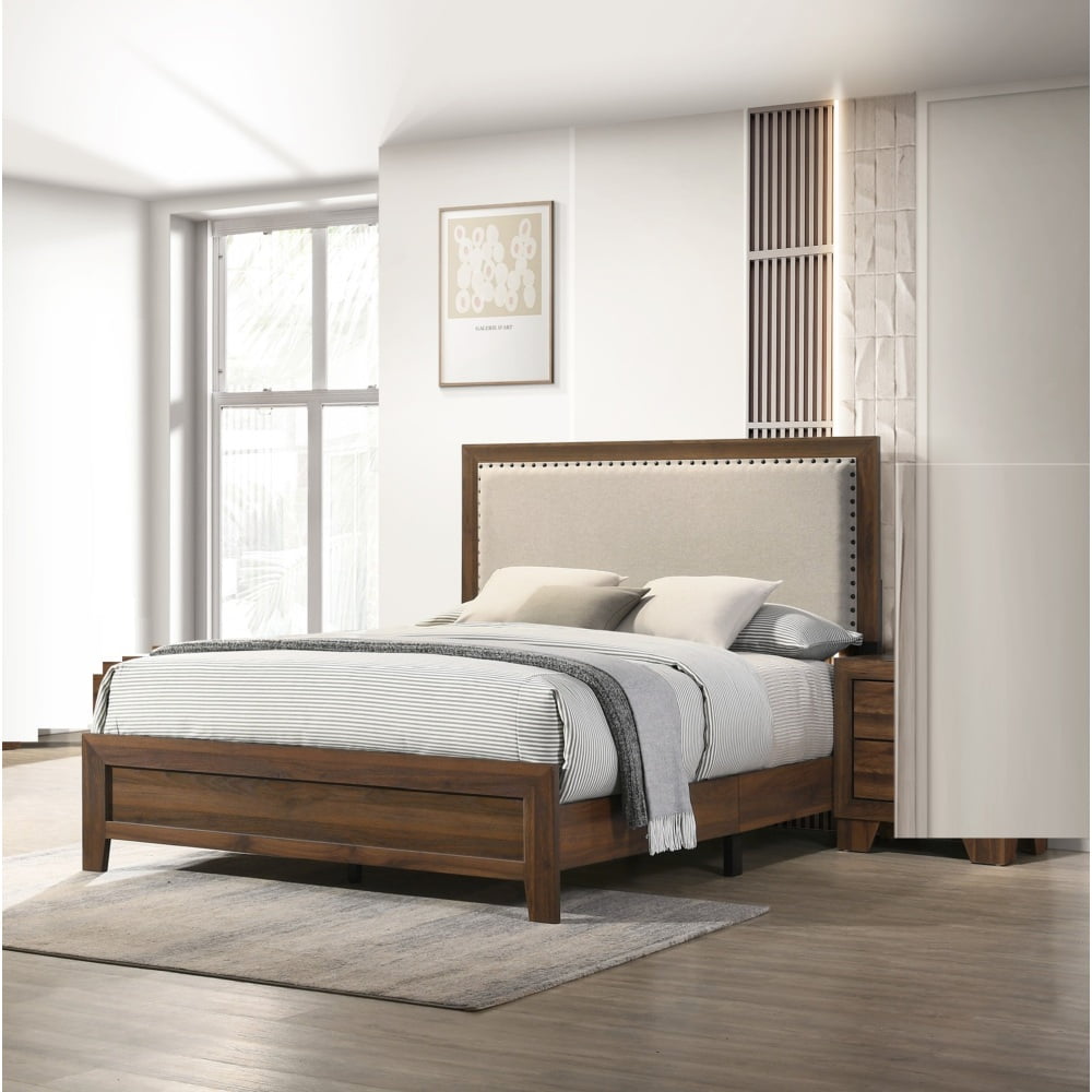 Tcbosik Twin Size Platform Bed with Upholstered Headboard, Wood Bed Frame with Footboard for Home, Box Spring Required, Brown