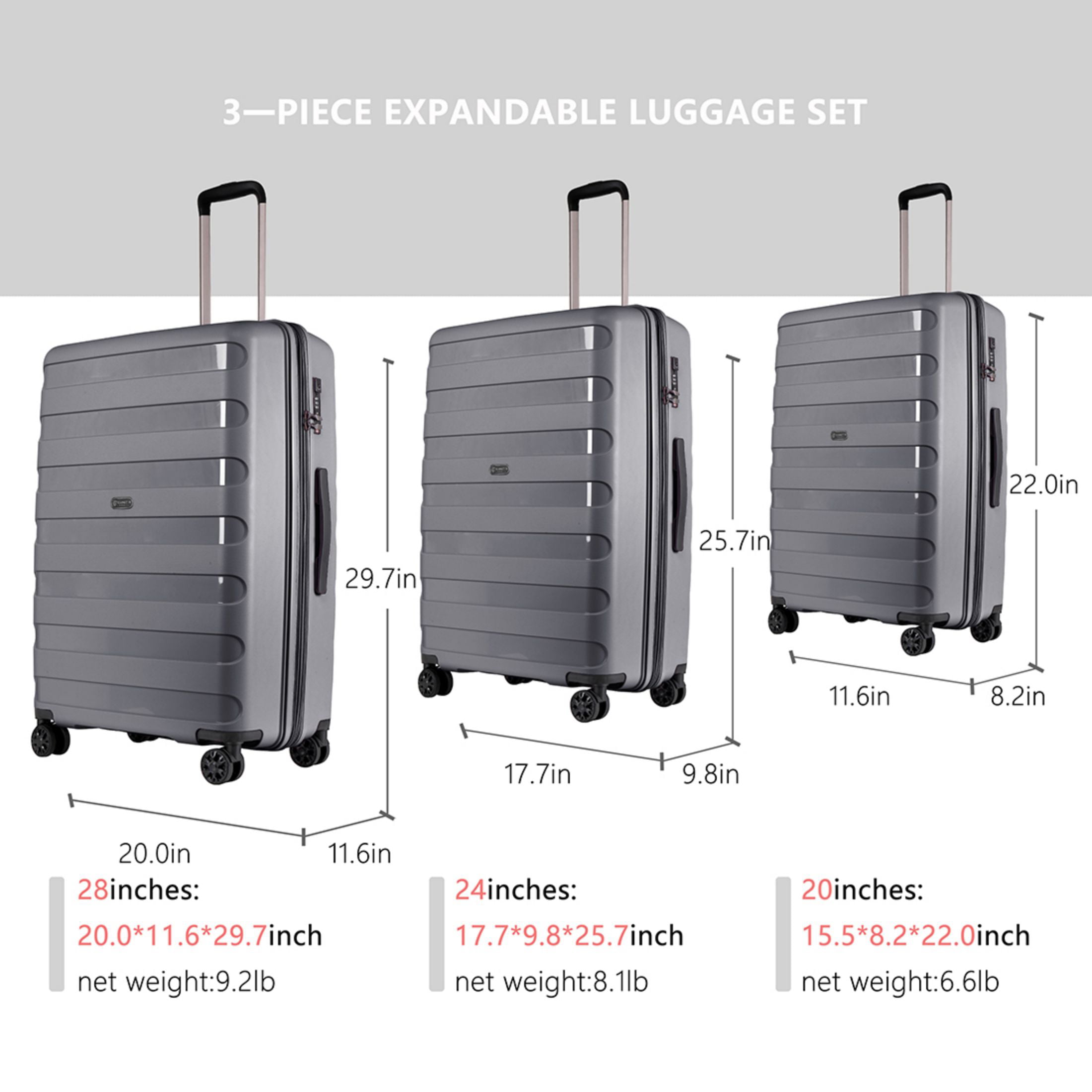 Ginza Travel 3 Piece Travel Expandable Luggage Set,Hardside Suitcase Set  With Spinner Wheels and TSA Lock for Travel,Black