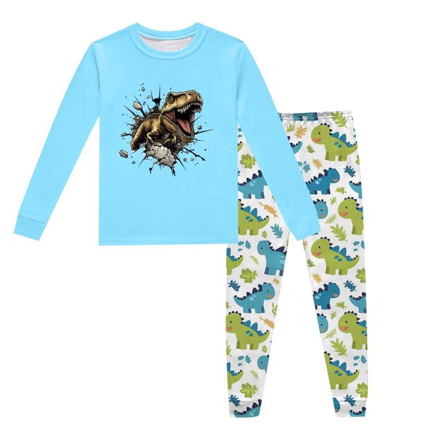 Pyjama Bebe Garcon Children's Dinosaur Printed Crew Neck Long Sleeve Top Pants 2 Piece Spring Fall Pajama Set Pyjama Bébé Light Blue 7 Years-8 Years