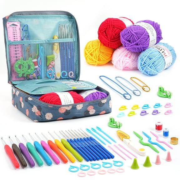 Allnice Crochet Kit Beginners Crochet Hook Set with Case, 67 PCS Portable Crochet Set, Ergonomic Crochet Hooks Include 5 Roll Yarn Knitting Needles and Other Supplies for Beginners Adults