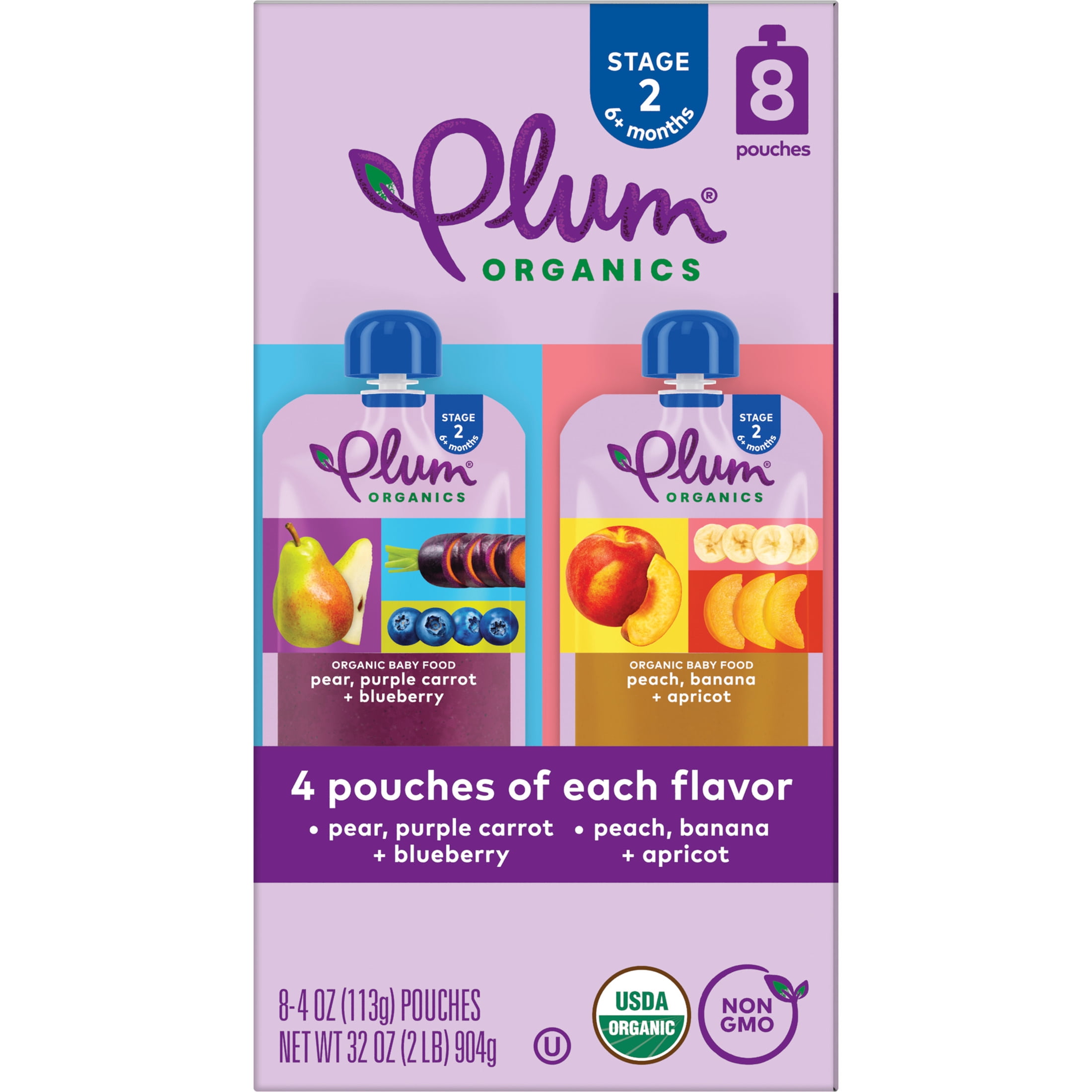 Plum Organics Stage 2 Fruit & Veggie Blends Organic Baby Food Variety 4oz Pouch-8-Pack