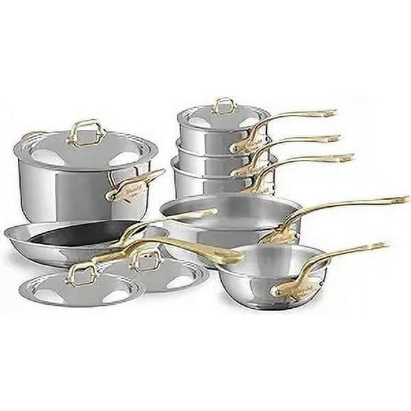 Mauviel M'Cook B 5-Ply Polished Stainless Steel 12-Piece Cookware Set With Brass Handles