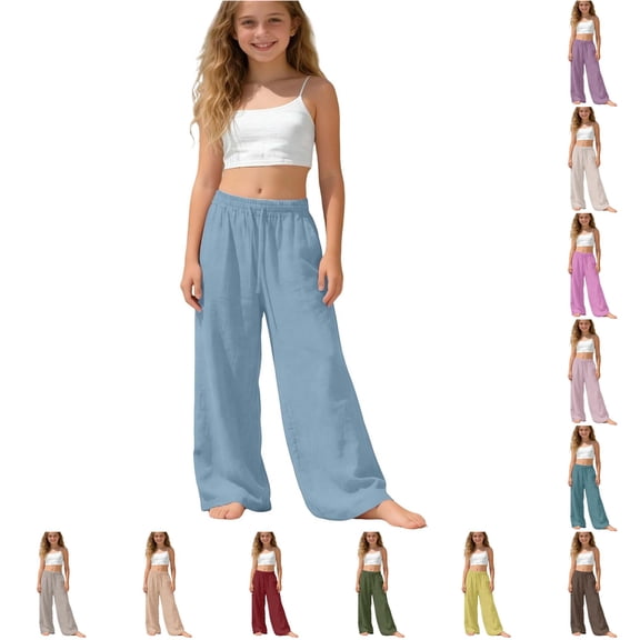 LIIPEE Casual Pants For Girls Solid Color Drawstring Waist Baggy Wide Leg Pants Kids Lightweight Breathable Soft Everyday Trousers,4-5 Years