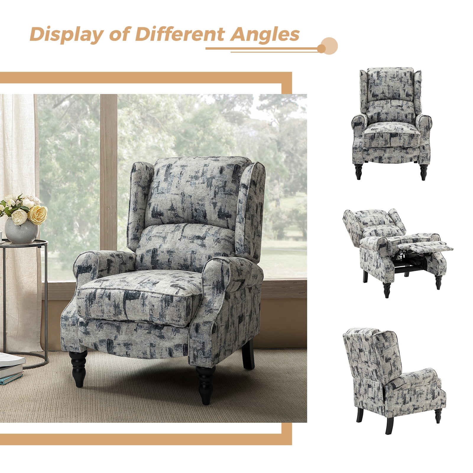Vintage Floral Wingback Manual Push Back Recliner Chair Set of 2 for Living Room GREENGUARD Certified Grey